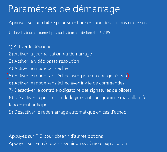 mode sans échec Windows 10 avec le réseau