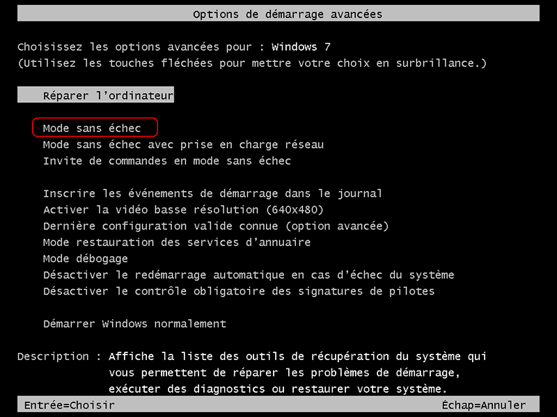 mode sans échec sous Windows 7