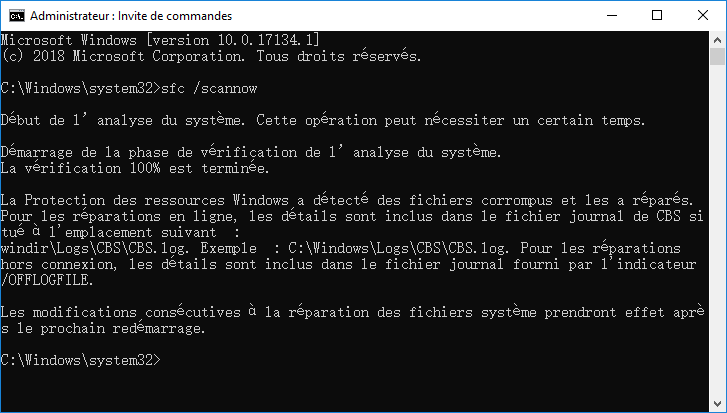 attendre l'analyse de la commande sfc /scannow