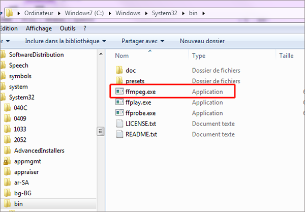 emplacement du programme FFmpeg