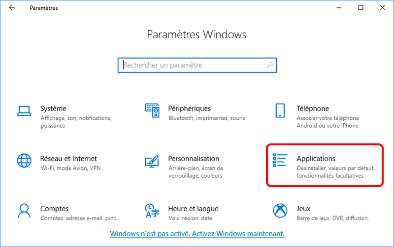 fonction application de Paramètres Windows