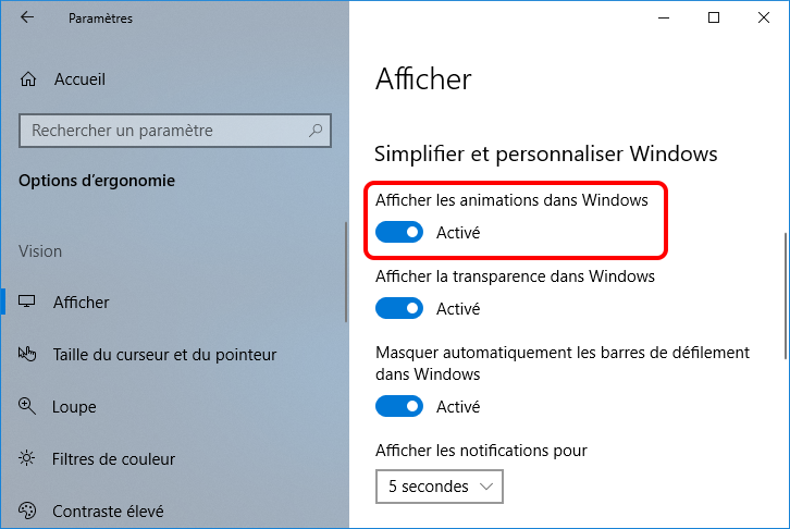 désactiver les animations dans Windows