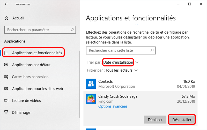 désinstaller les applications