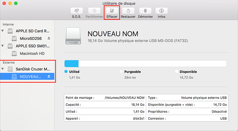 cliquer sur le bouton Effacer pour savoir comment formater une carte SD