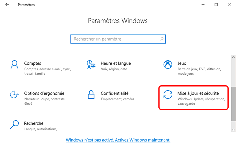 fonction mise à jour et sécurité dans les paramètres Windows