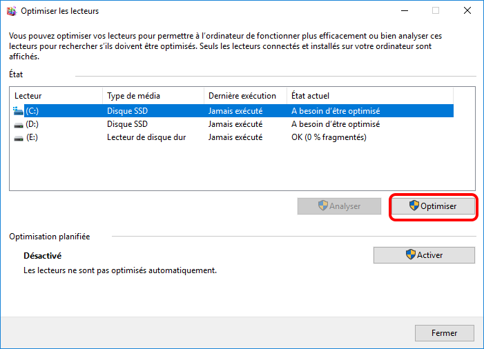 optimiser le lecteur sous Windows 10