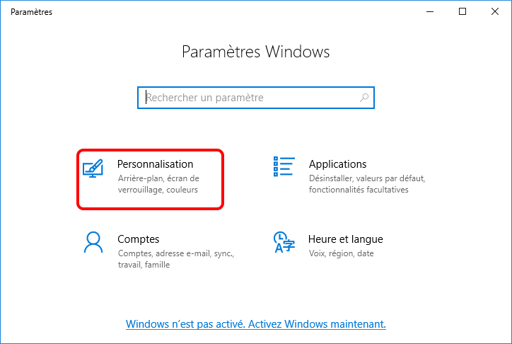 personnalisation dans les paramètres Windows