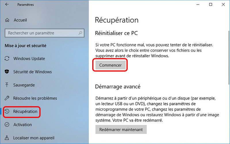 lancer la réinitialisation du pc