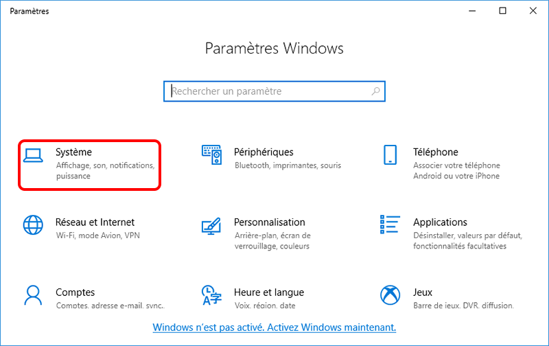 fonction de système dans les paramètres Windows