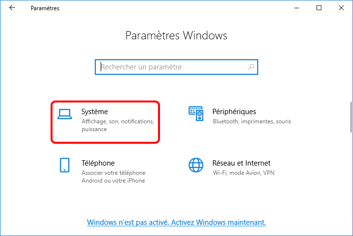 système dans les paramètres Windows