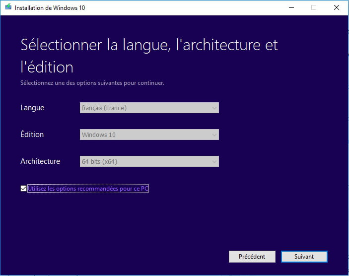 Utilisez les options recommandées pour ce PC