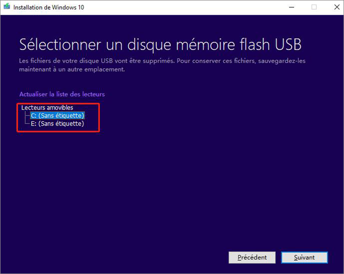 sélectionner un disque USB