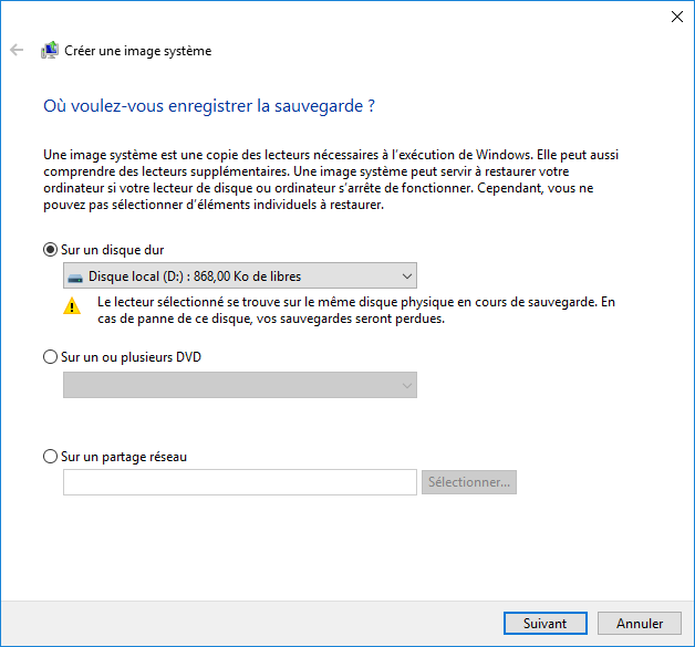 sélectionner un emplacement pour enregistrer l'image système