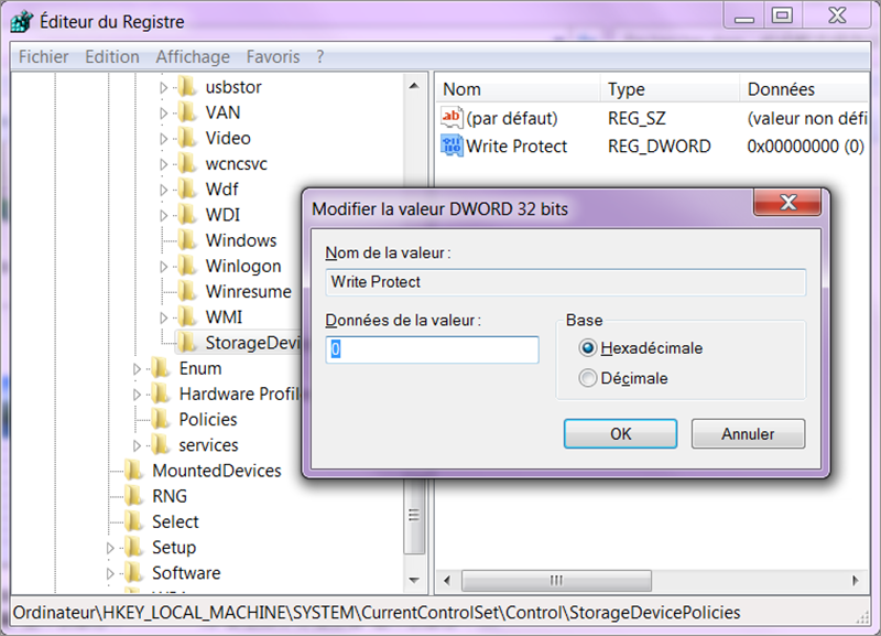 modifier la valeur write protect sur 0