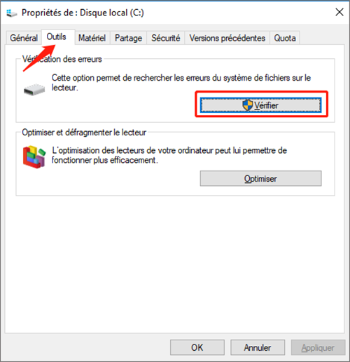 vérifier le disque cible