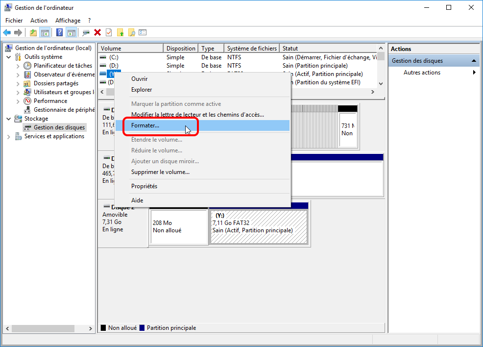 comment formater une carte SD et formater un disque dur sous Windows 10 dans la Gestion des disques