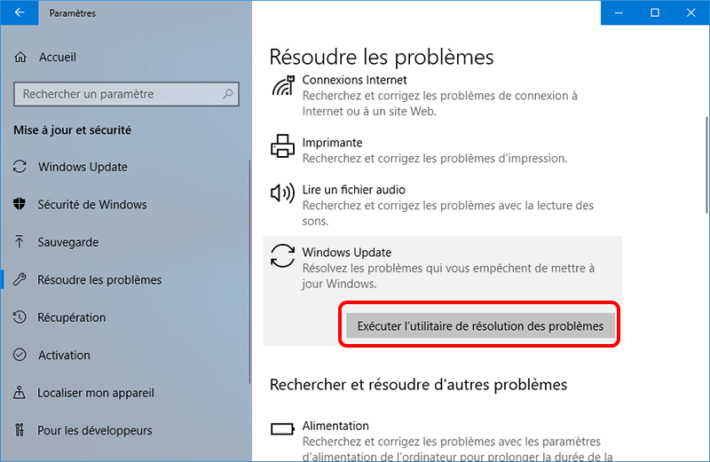 Exécuter l’utilitaire de résolution des problèmes