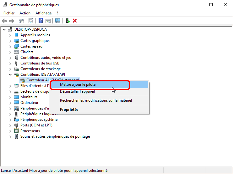 cliquer sur le périphérique cible et mettre à jour le pilote