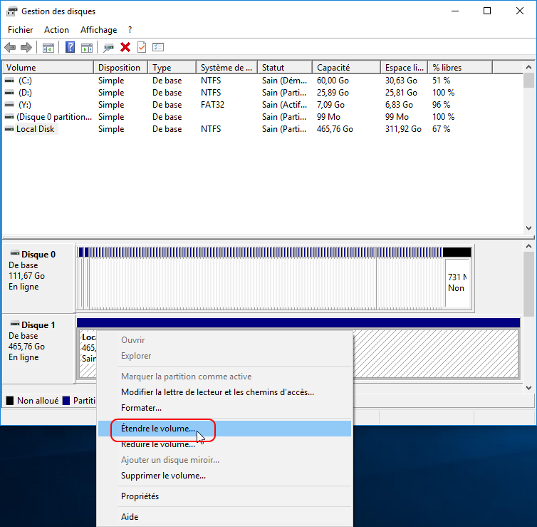 Étendre le volume pour l'espace disque faible Windows 10