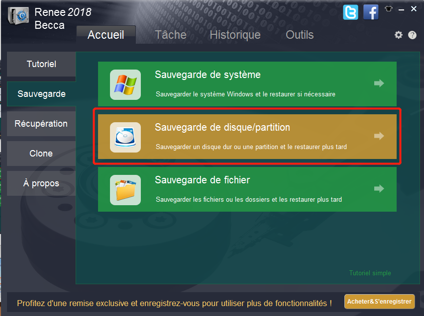choisir la fonction de sauvegarde de disque partition Renee Becca