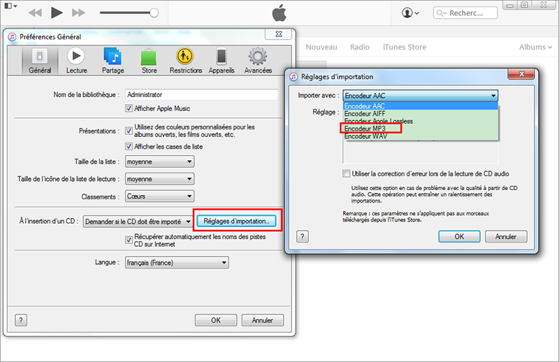 choisir l'encodeur MP3 dans "Réglage d'importation" de iTunes