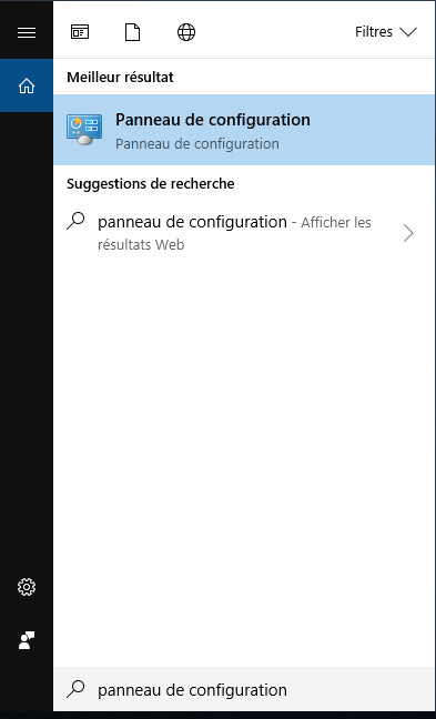 taper panneau de configuration dans la barre de recherche