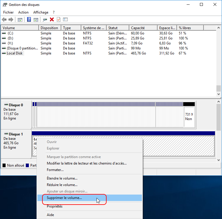 supprimer le volume pour élargir l'espace disque