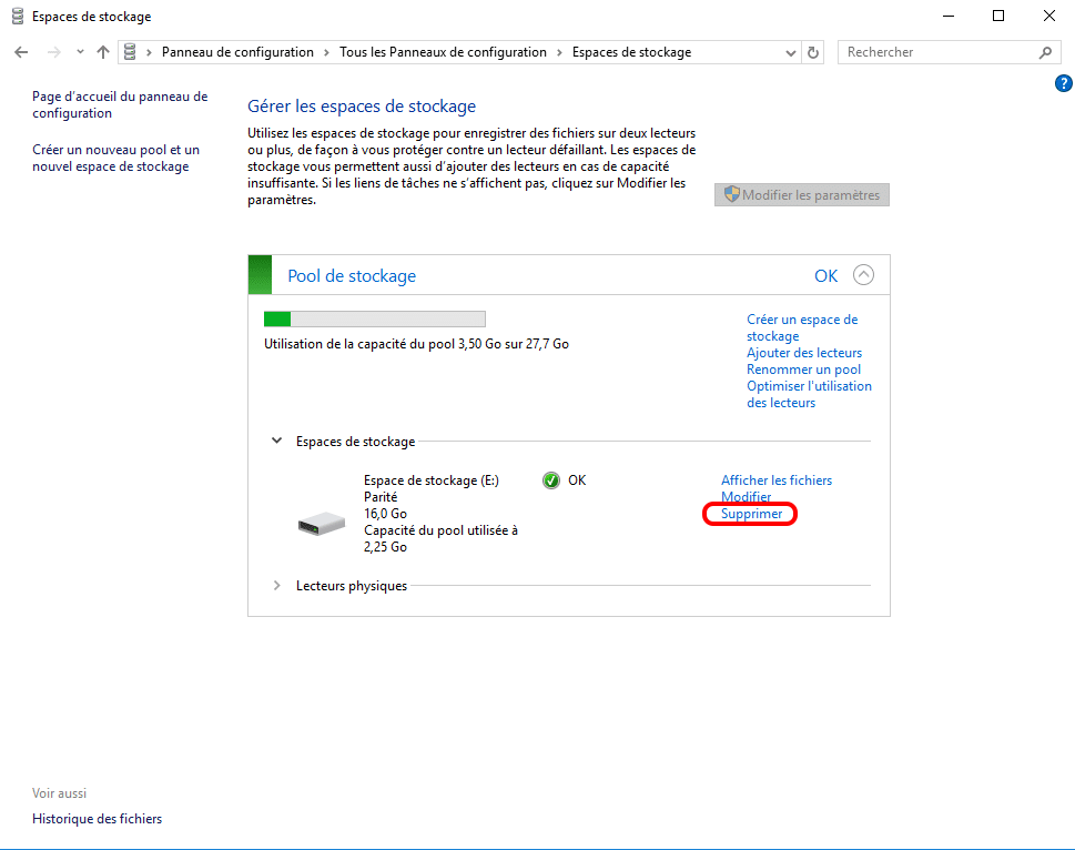 supprimer le disque dur dans le Pool de stockage