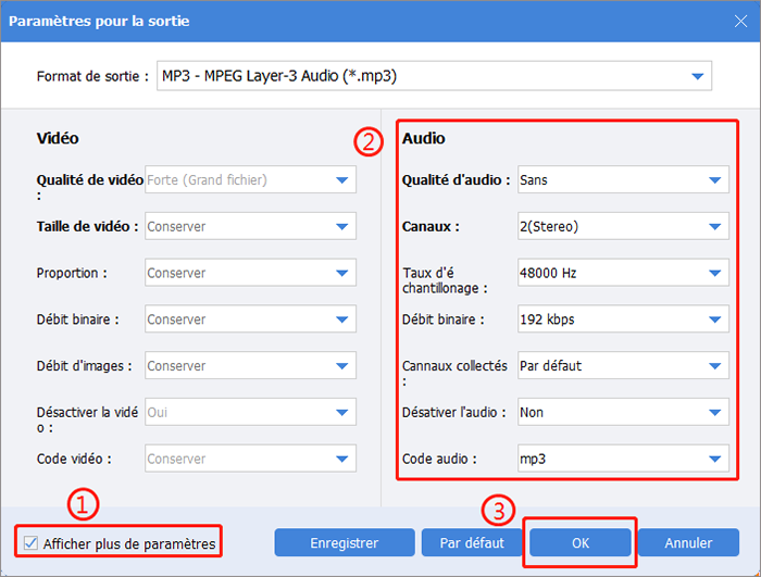 ajuster les paramètres de fichier audio