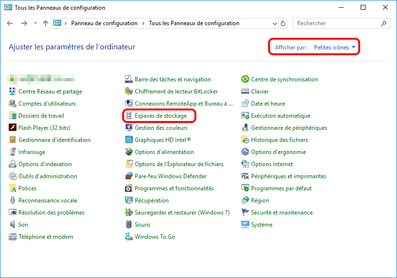 espaces de stockage dans le Panneau de configuration
