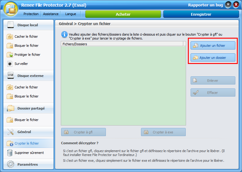 ajouter un fichier ou un dossier à crypter