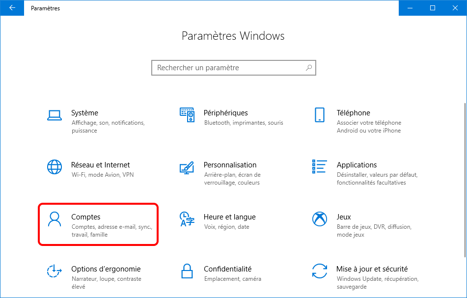 cliquer sur Comptes dans les paramètres Windows