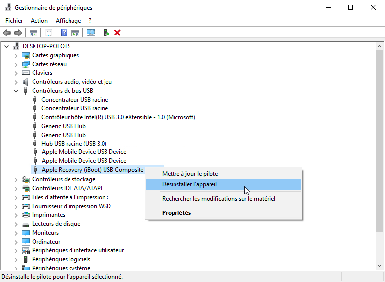 désinstaller l'appareil pour régler le problème de connexion USB