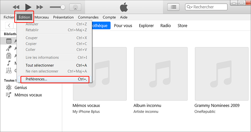 l'option Préférences sur iTunes