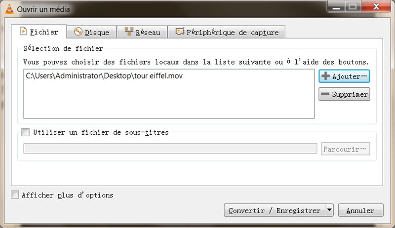 ajouter le fichier mov à convertir