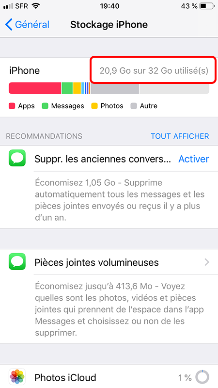 vérifier le stockage sur iPhone