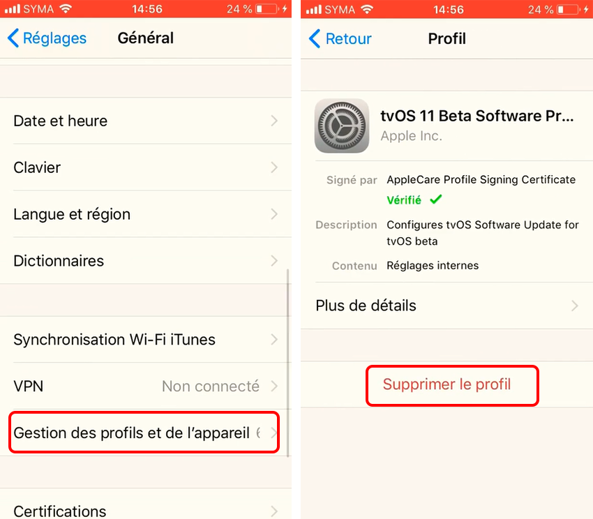 supprimer le profil de tvOS