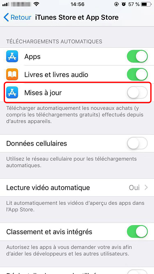 désactiver la mise à jour pour iTunes Store et App Store