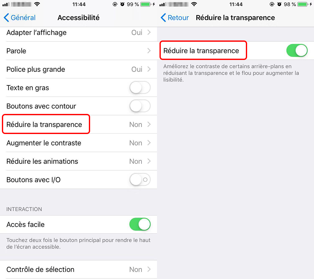 réduire la transparence sur iPhone