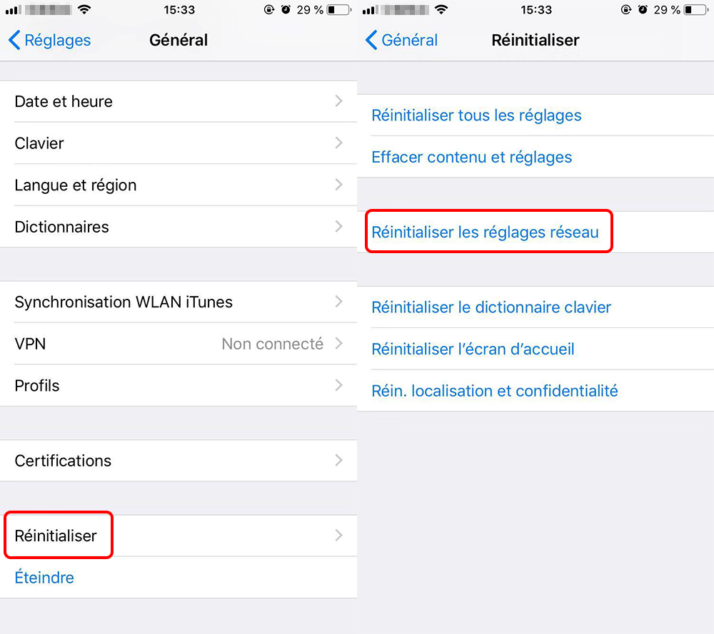 réinitialiser les réglages réseau sur iPhone