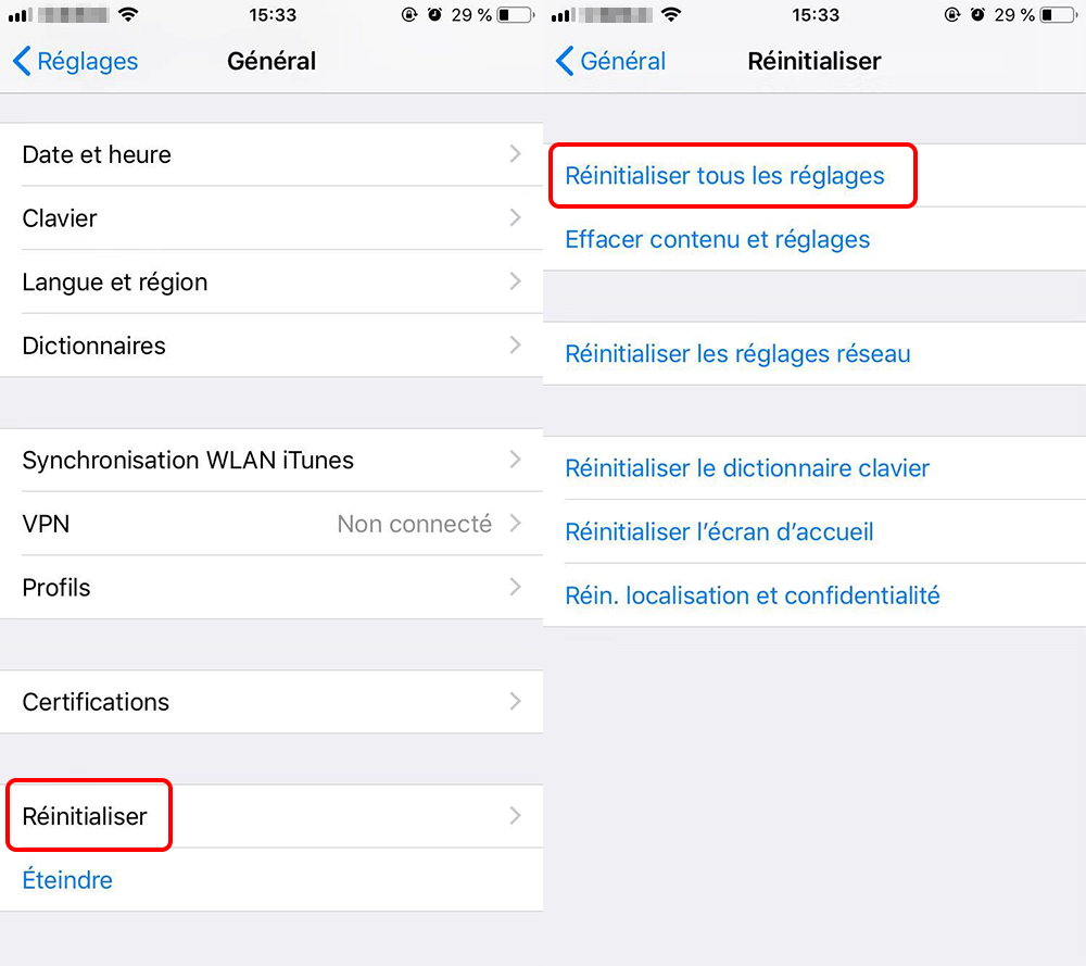 réinitialiser tous les réglages sur iPhone