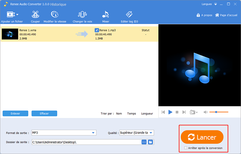 la conversion WMA en MP3 se termine avec succès