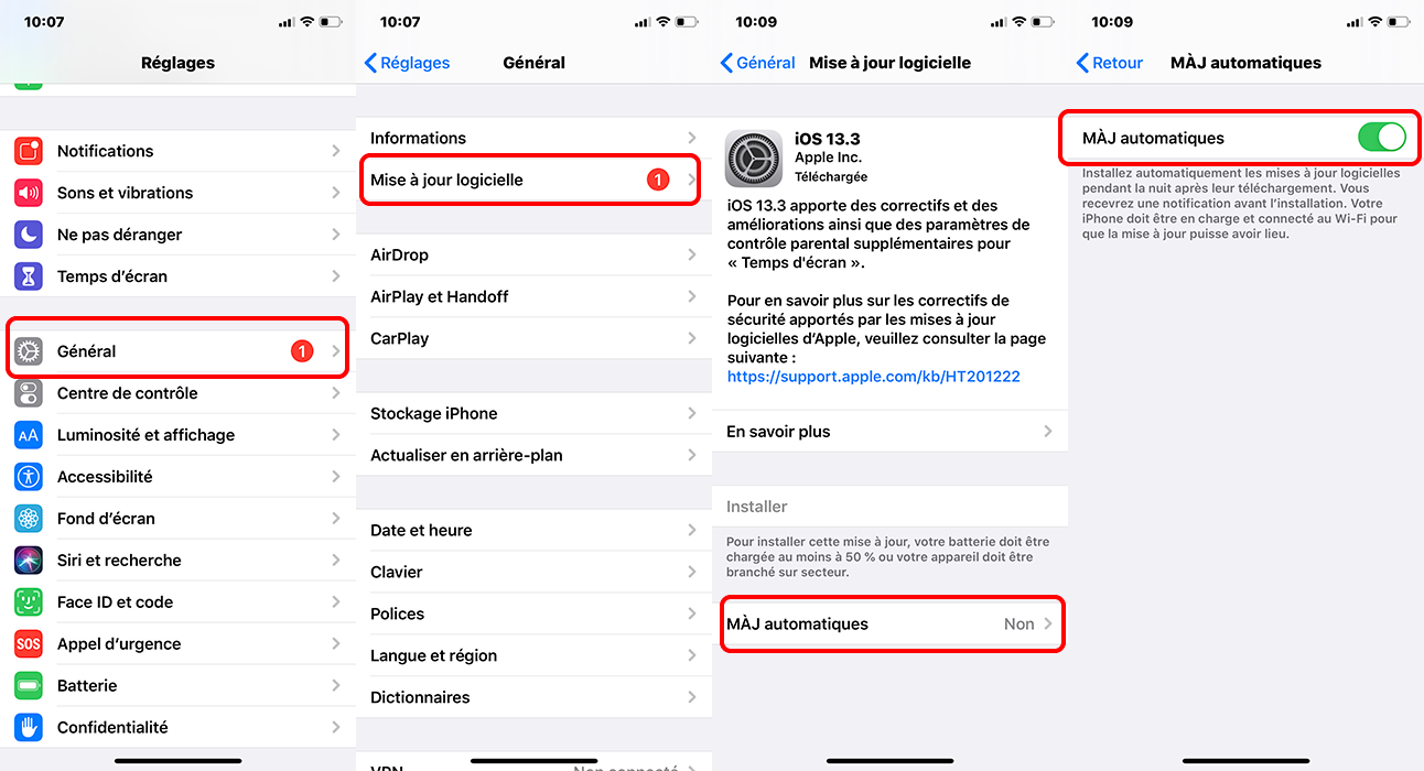 mise à jour automatique du système iOS