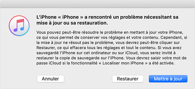 restaurer ou mettre à jour iPhone sur iTunes