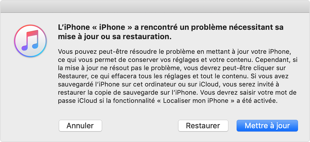 restaurer ou mettre à jour iPhone sur iTunes