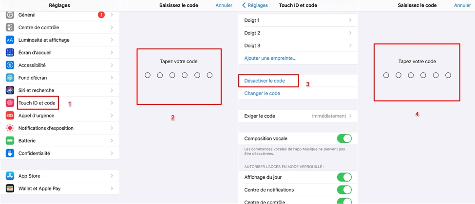 étapes pour désactiver le code d'iPhone