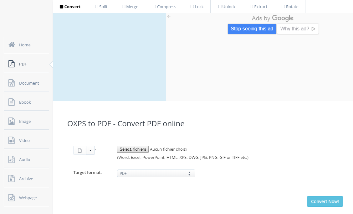site aconvert pour convertir le fichier OXPS en PDF