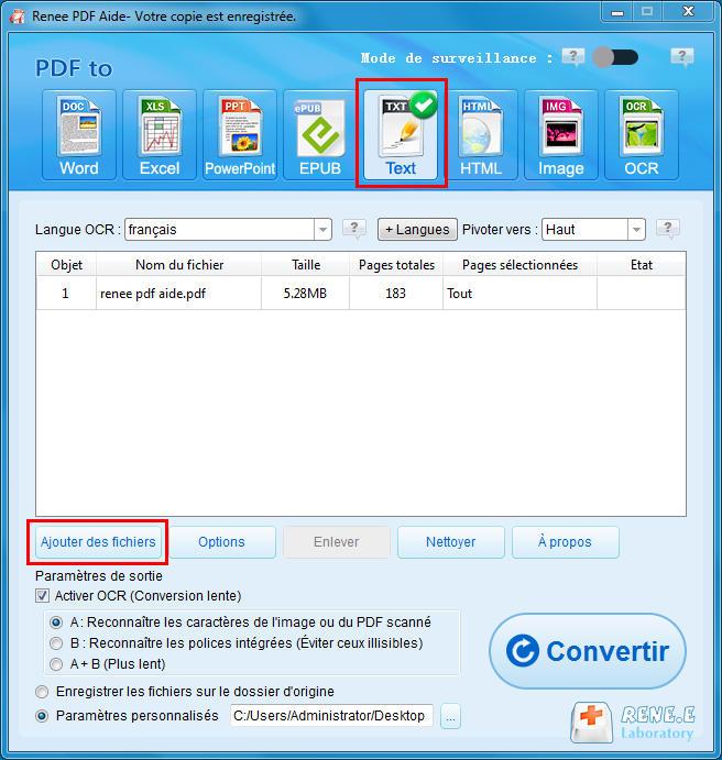 sélectionner le format Txt