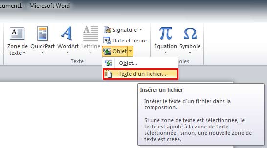 insérer un objet dans le fichier Word