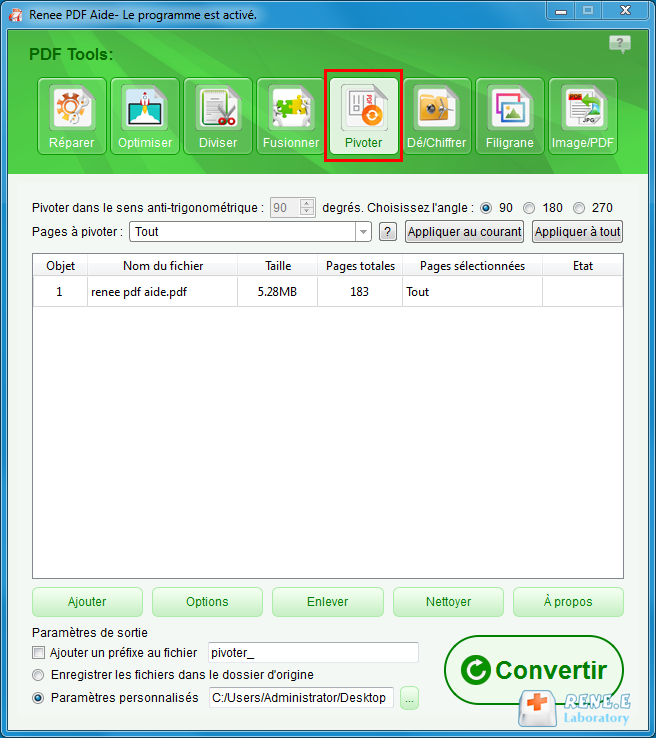 Pivoter pdf dans Renee PDF Aide